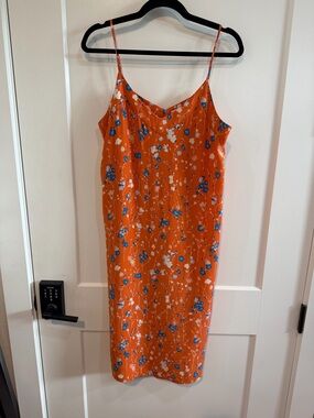 Equipment Orange Floral Midi Slip Dress with Blue & White Print 100% Silk